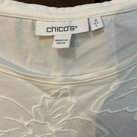 Chicos Women’s (L) White Floral Embroidered Puff Sleeve Stretchy Cotton Top - Picture 2 of 6